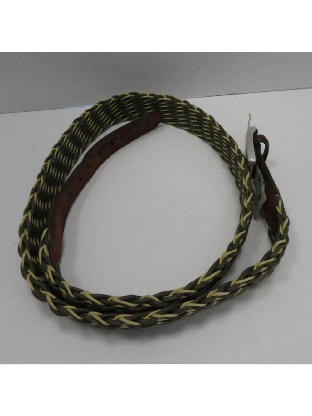 Orvis Belt 44 Olive Leather Braided Woven Silver Buckle Made In USA